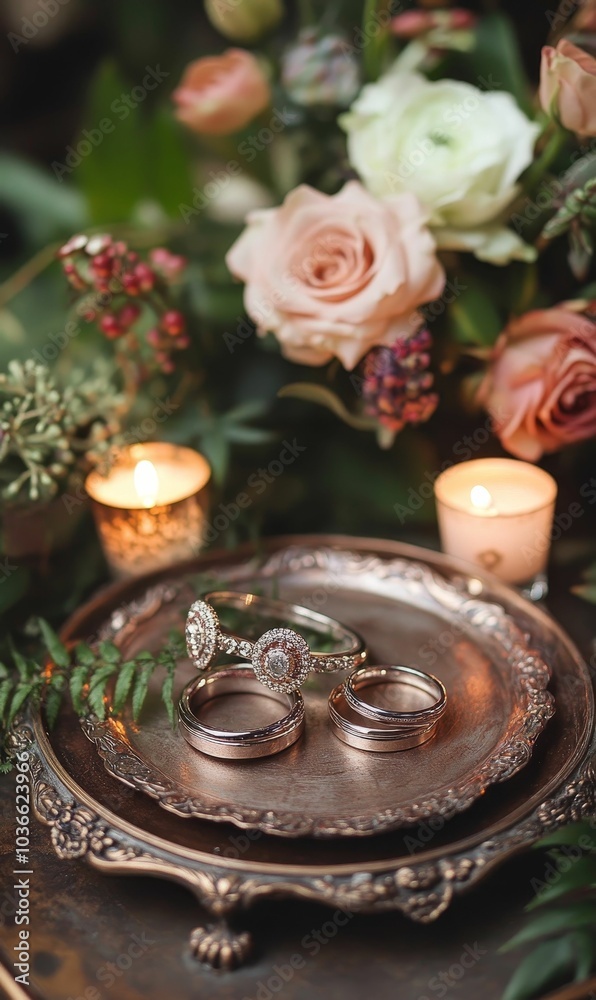 Wedding rings on a tray with flowers and candles. Wedding rings on a tray with flowers and candles.