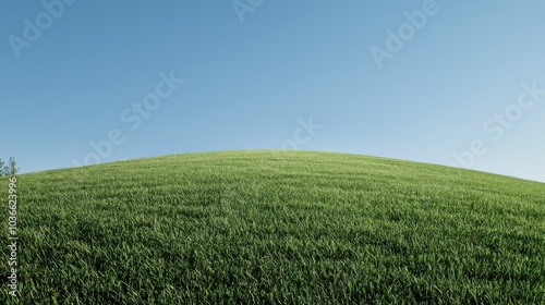 clear blue sky stretches over lush green meadow, creating serene and peaceful landscape. vibrant grass sways gently in breeze, inviting tranquility and relaxation