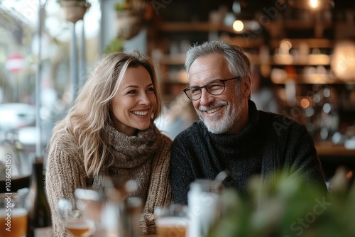 Mature couple enjoying themselves in a coffee shop, Generative AI