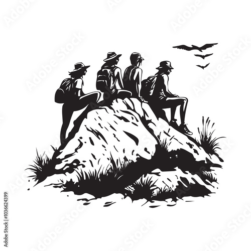 Group of Youth Resting at Mountain Summit, Enjoying the Beauty of Nature stock image vector isolated on white background.
