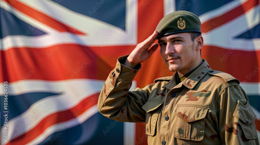A soldier in a camouflage uniform salutes in front of the British flag, symbolizing patriotism and service. For military-themed projects, recruitment campaigns, and national pride pride promotions A soldier in a camouflage uniform salutes in front of the British flag, symbolizing patriotism and service. For military-themed projects, recruitment campaigns, and national pride pride promotions