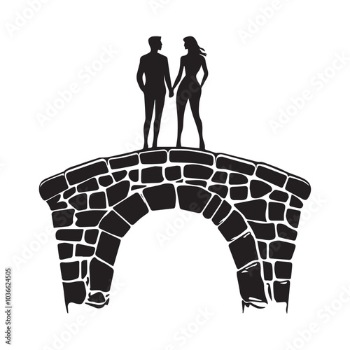 Silhouette Couple standing on a stone bridge image vector isolated on white background