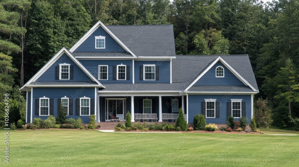 A large blue house with white trim and a wraparound porch sits on a lush green lawn in front of a dense forest. A large blue house with white trim and a wraparound porch sits on a lush green lawn in front of a dense forest.