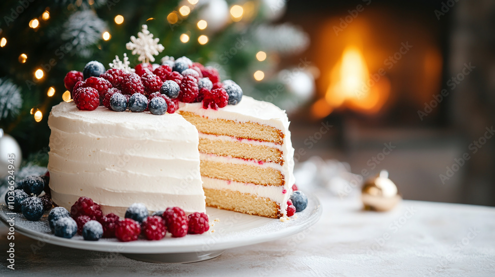 A delicious cream cake with berries on a table against the background of a Christmas tree and a fireplace A delicious cream cake with berries on a table against the background of a Christmas tree and a fireplace