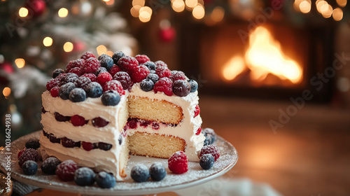 A delicious cream cake with berries on a table against the background of a Christmas tree and a fireplace