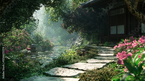 Wallpaper Mural Serene Tranquility in Ancient Japanese Garden Landscape with Teahouse and Flowered Pathway | Ultra-Detailed Nature Scene in Japan Torontodigital.ca