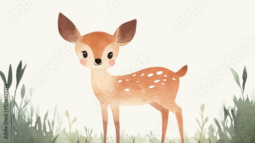 A watercolor illustration of a gentle deer standing in a peaceful forest clearing, surrounded by soft green and brown hues, evoking a serene and magical atmosphere for children.