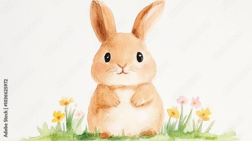 Obraz premium A watercolor painting of a cheerful bunny hopping through a meadow of colorful wildflowers with soft pastels and gentle brushstrokes, evoking feelings of joy and wonder, ideal for children.