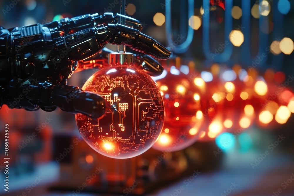 Robotic hand holding glowing circuit ornament delicately Robotic hand holding glowing circuit ornament delicately