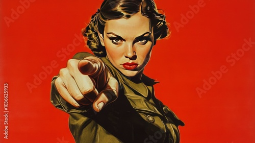 A woman in a military jacket with a serious expression on her face is pointing her index finger at the viewer. Her red lips and dark eyes intensify the image.