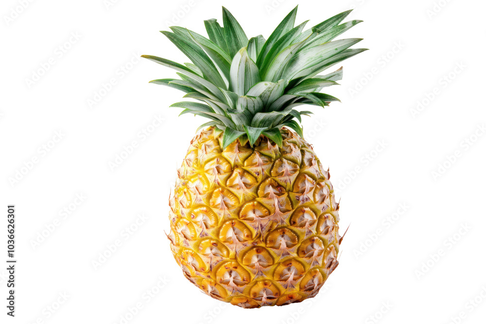 A whole pineapple sitting upright, highlighting its spiky crown of green leaves and the dimpled skin, with a focus on its natural color and texture A whole pineapple sitting upright, highlighting its spiky crown of green leaves and the dimpled skin, with a focus on its natural color and texture
