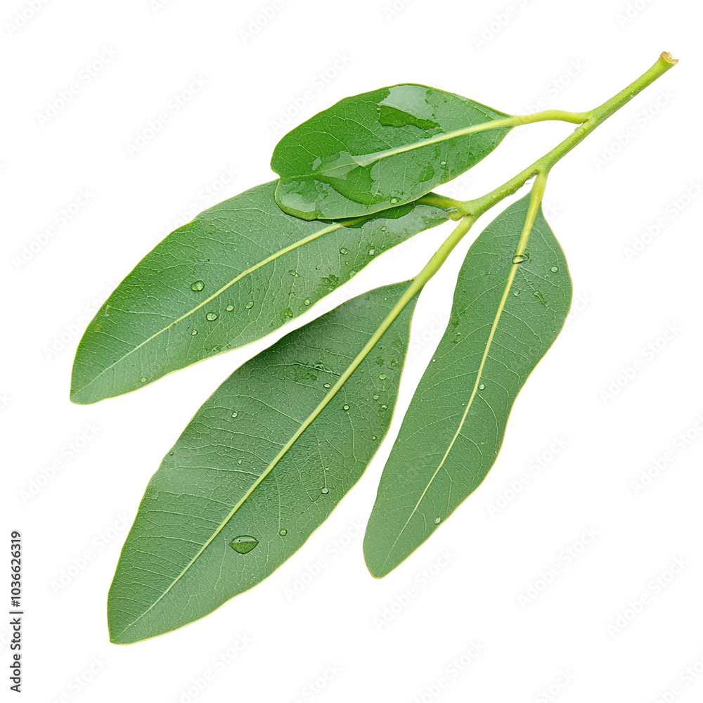Fototapeta premium Fresh green bay leaves with droplets of water on a white isolated background.