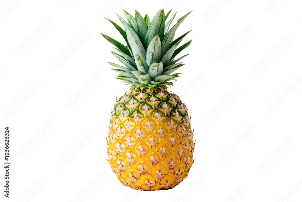 A whole pineapple sitting upright, highlighting its spiky crown of green leaves and the dimpled skin, with a focus on its natural color and texture A whole pineapple sitting upright, highlighting its spiky crown of green leaves and the dimpled skin, with a focus on its natural color and texture