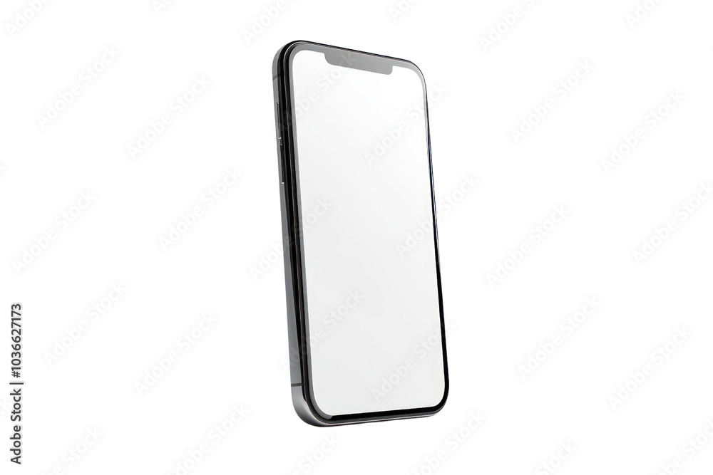A stylish smartphone standing upright with a blank white display, positioned slightly tilted to emphasize the sleek design, ideal for business-related visuals A stylish smartphone standing upright with a blank white display, positioned slightly tilted to emphasize the sleek design, ideal for business-related visuals