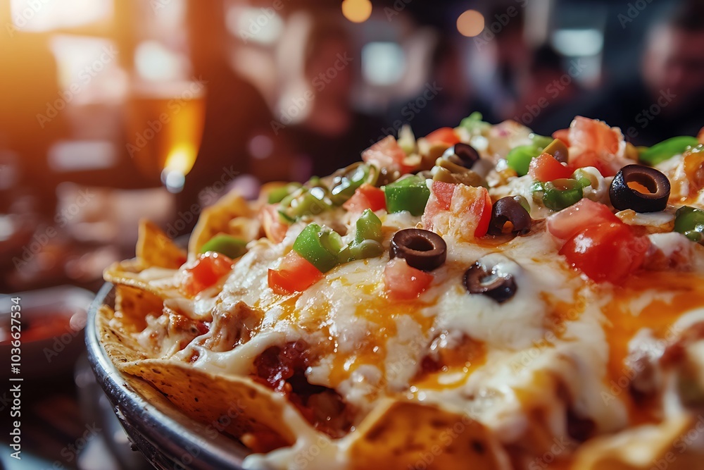 Sizzling cheese nachos with olives and fresh veggies at a lively restaurant Sizzling cheese nachos with olives and fresh veggies at a lively restaurant