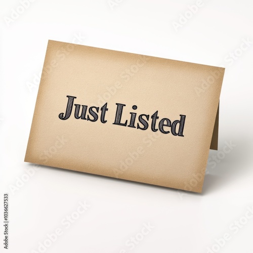 Beige just listed card on white background for real estate announcement