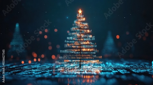 Tech Christmas tree with binary sequence glowing warmly.
