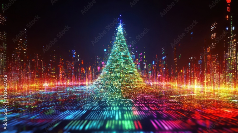 Naklejka premium Vibrant digital holiday tree in a colorful cityscape