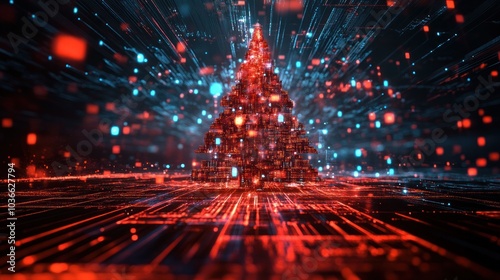 Red and blue digital Christmas tree with dynamic lights.