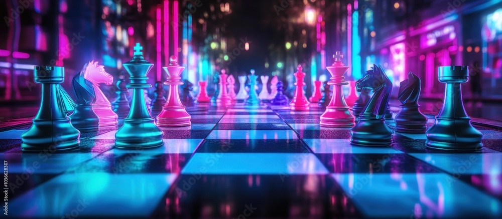 Chessboard Under Neon Lights in a Futuristic City Chessboard Under Neon Lights in a Futuristic City