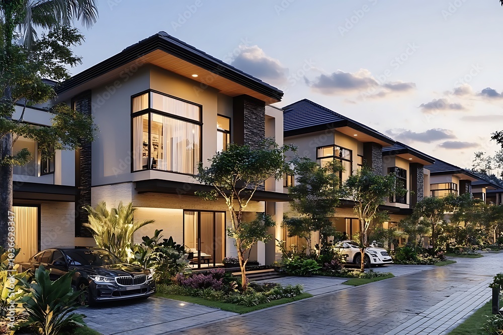 Fototapeta premium Stunning modern homes in a vibrant neighborhood with lush landscaping during sunset