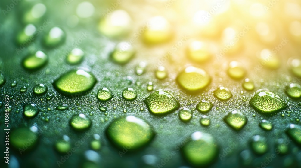 Close-Up of Dew Drops on Vibrant Green Leaf with Sunlight Creating a Fresh and Natural Atmosphere Close-Up of Dew Drops on Vibrant Green Leaf with Sunlight Creating a Fresh and Natural Atmosphere