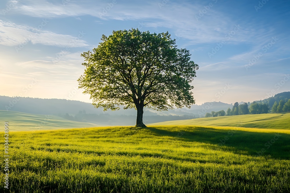 A beautiful shot of green tree growing in a field under a clear blue sky A beautiful shot of green tree growing in a field under a clear blue sky