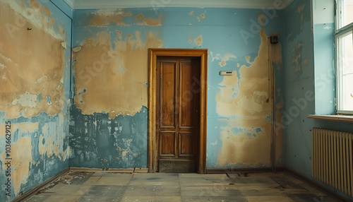 Beautiful walls and wooden door in spacious room during repair