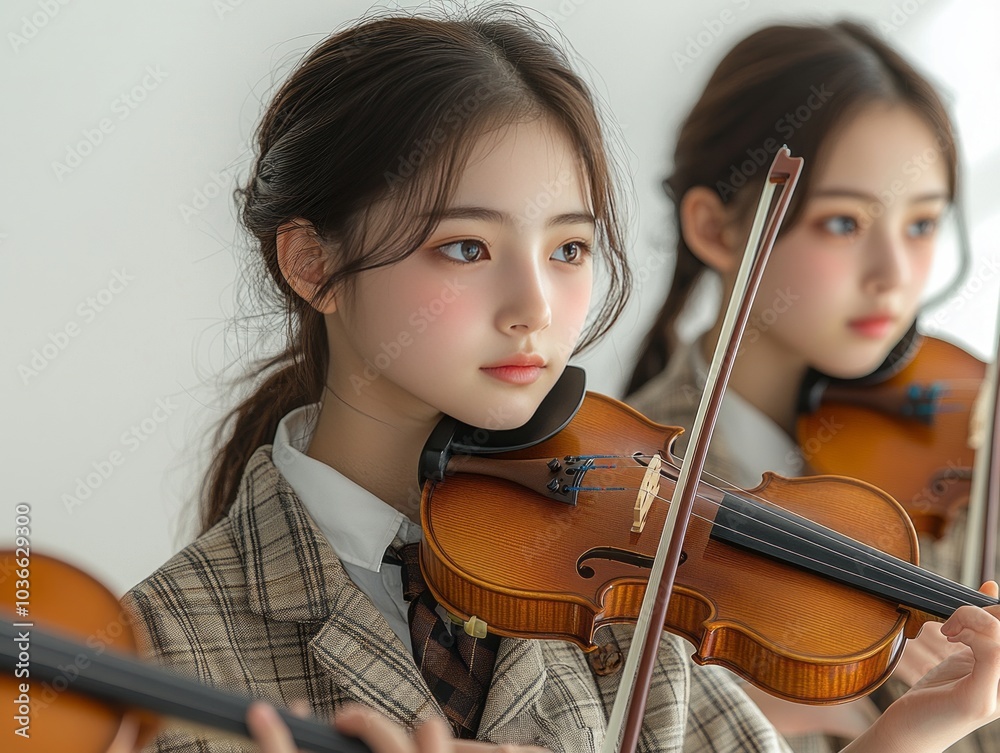 Young Asian Japanese Girls Playing Violin in Symphonic Performance, Focused Expression in Classical Music Practice. School Young Asian Japanese Girls Playing Violin in Symphonic Performance, Focused Expression in Classical Music Practice. School