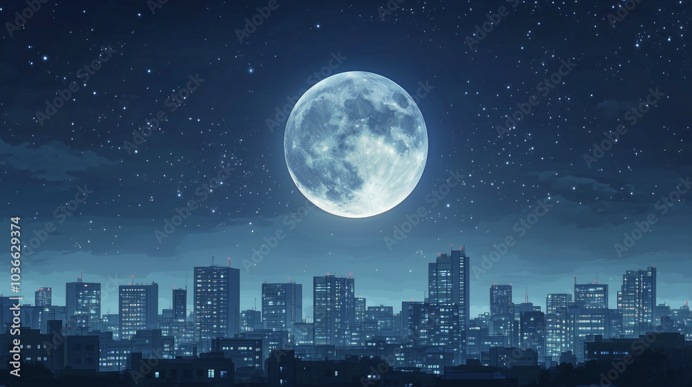Stunning supermoon shining brightly over a bustling city skyline, twinkling building lights under a starry night sky, with a wild wolf howling in the foreground. Stunning supermoon shining brightly over a bustling city skyline, twinkling building lights under a starry night sky, with a wild wolf howling in the foreground.