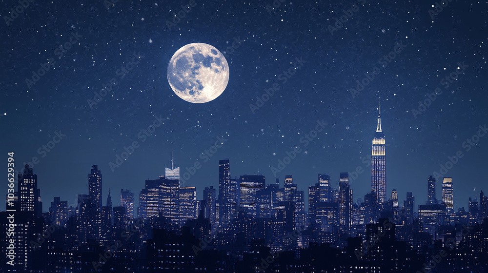 Naklejka premium Stunning supermoon shining brightly over a bustling city skyline, twinkling building lights under a starry night sky, with a wild wolf howling in the foreground. 