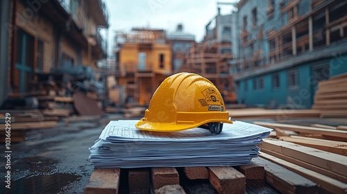 Yellow Safety Helmet on Blueprint Stack at Construction Site photo