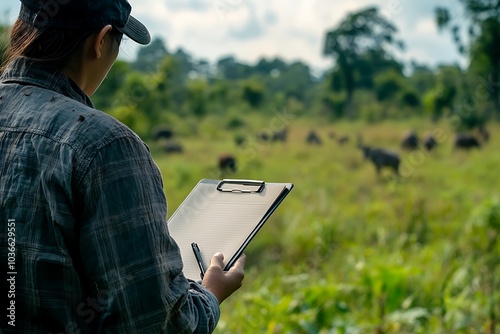 Wildlife conservationist surveys animals in their natural habitat during a sunny day in the field photo