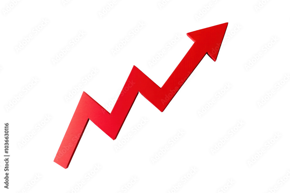 A striking red upward arrow graph conveying a robust growth trend, with a minimalist approach that focuses on clarity and impact. The cut-out feature allows the graph to stand out against any backdrop A striking red upward arrow graph conveying a robust growth trend, with a minimalist approach that focuses on clarity and impact. The cut-out feature allows the graph to stand out against any backdrop