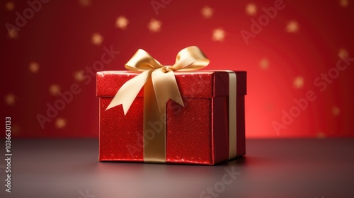 Festive Red Gift Box with Golden Ribbon on Red Background