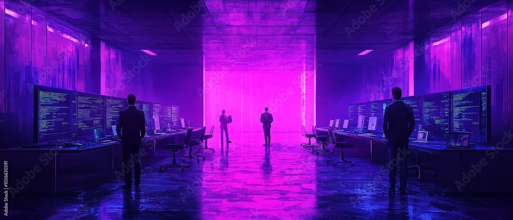 Illuminated cyber environment with figures engaged in data analysis and programming in a futuristic setting Illuminated cyber environment with figures engaged in data analysis and programming in a futuristic setting