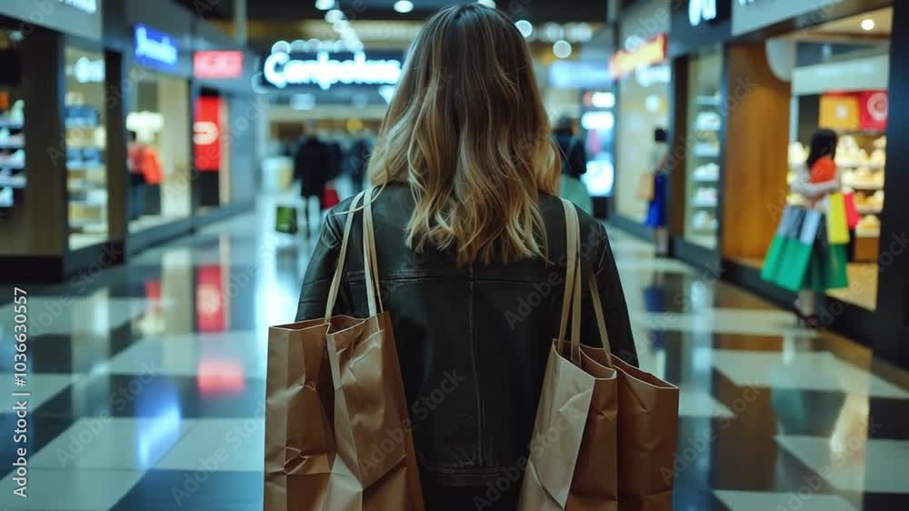 In a vibrant shopping mall, a shopper strolls through the concourse, holding multiple paper bags filled with purchases, surrounded by various retail displays.
