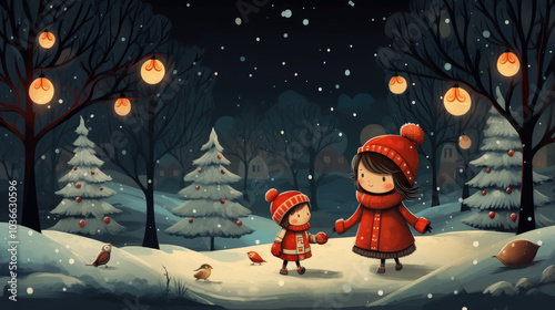 Whimsical Winter Night with Mother and Daughter in a Snowy Forest