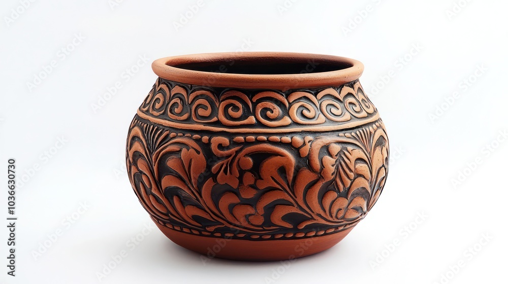 A delicately designed small Mexican ceramic pot on white, showcasing its craftsmanship. A delicately designed small Mexican ceramic pot on white, showcasing its craftsmanship.