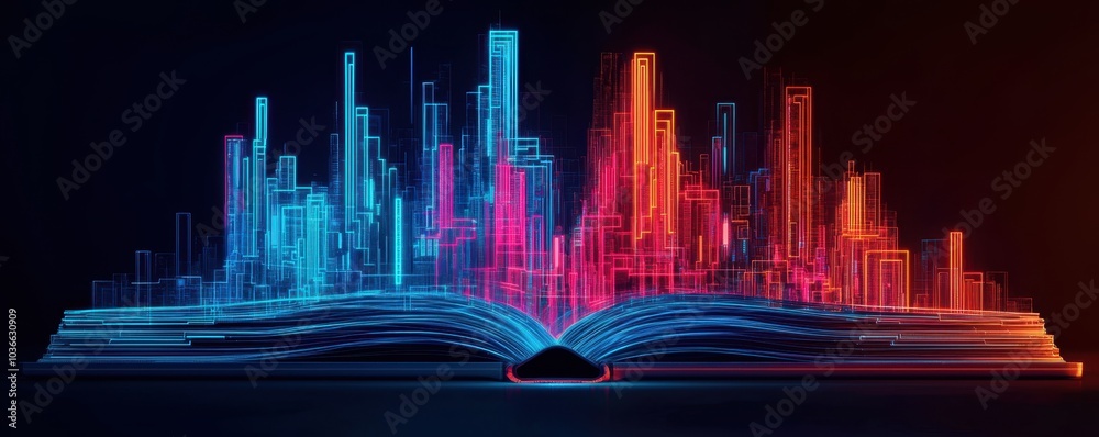 A vibrant digital artwork of an open book emitting colorful city skyline visuals symbolizing the fusion of literature and technology A vibrant digital artwork of an open book emitting colorful city skyline visuals symbolizing the fusion of literature and technology