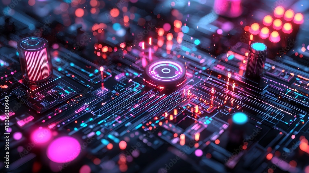 Fototapeta premium Exploring the vibrant intersection of technology and design a deep dive into futuristic circuitry and neon aesthetics