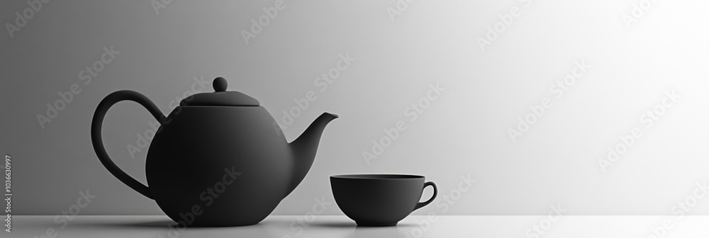 A black tea kettle sits next to a matching teacup, both contrasting elegantly with a simple, softly illuminated backdrop. Generative AI A black tea kettle sits next to a matching teacup, both contrasting elegantly with a simple, softly illuminated backdrop. Generative AI