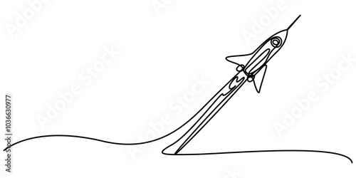 One continuous editable line drawing of a retro spaceship flying upwards. Rocket of a spaceship being launched into space. Single line drawing vector graphic illustration, Rocket one line. Vector