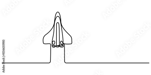 One continuous editable line drawing of a retro spaceship flying upwards. Rocket of a spaceship being launched into space. Single line drawing vector graphic illustration, Rocket one line. Vector