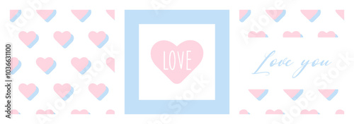 Happy Valentine's day cover vector set. Banners with Hearts and lettering "love". Seamless background with hearts, greeting cards with inscriptions. Modern cards in retro style. Romantic confession
