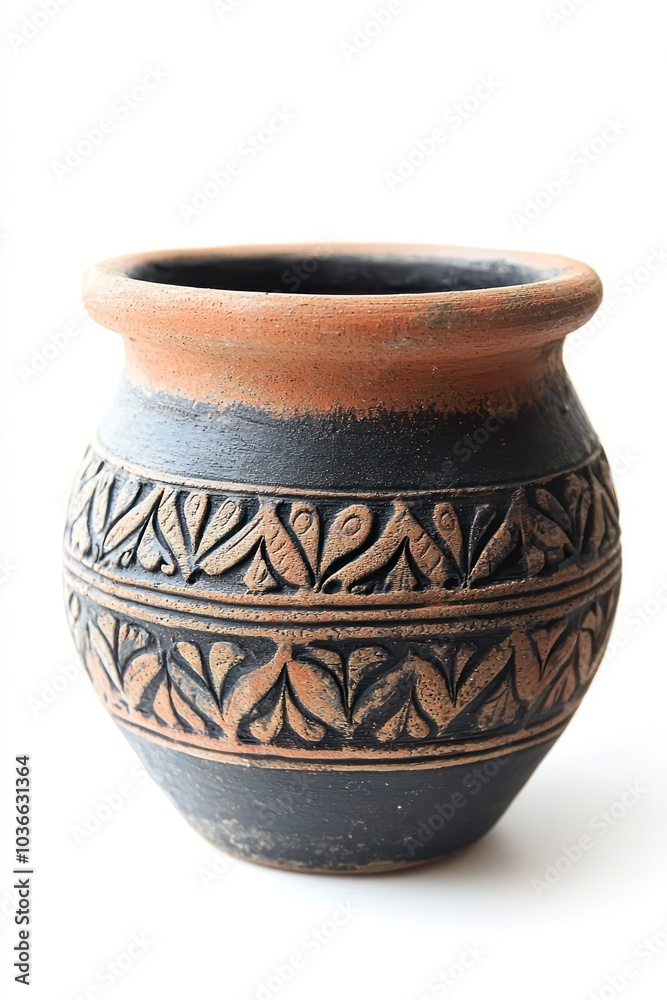 A small handcrafted pot with detailed designs set against white, highlighting its intricacy. A small handcrafted pot with detailed designs set against white, highlighting its intricacy.