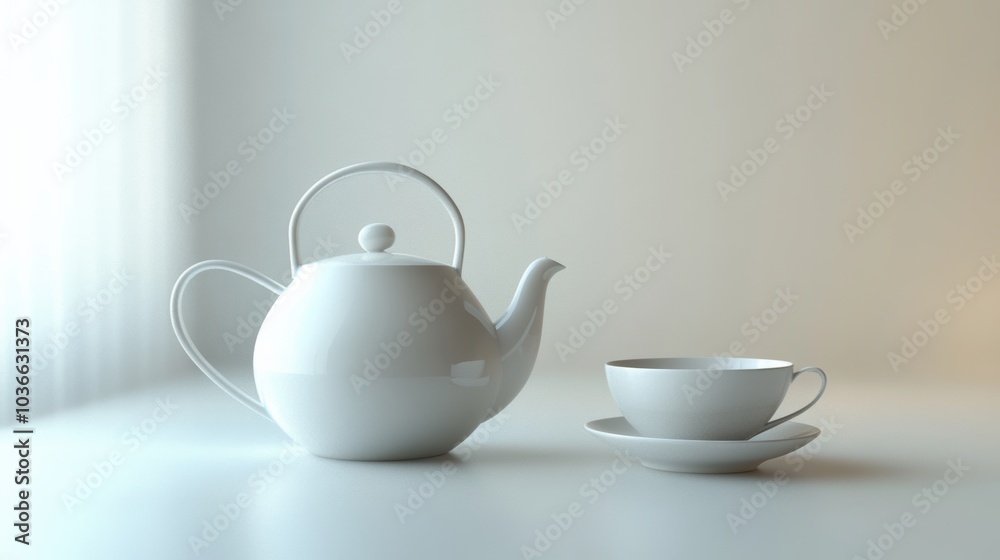 A white tea kettle and cup rest elegantly on a table, illuminated by soft natural light streaming through a nearby window. Generative AI A white tea kettle and cup rest elegantly on a table, illuminated by soft natural light streaming through a nearby window. Generative AI