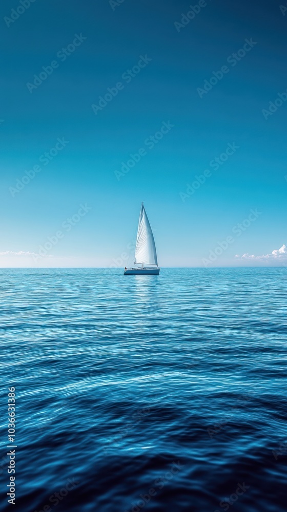 Obraz premium Single sailboat on endless deep blue ocean horizon.