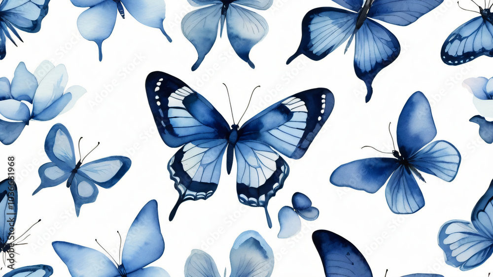 Fototapeta premium Blue butterfly watercolor illustration