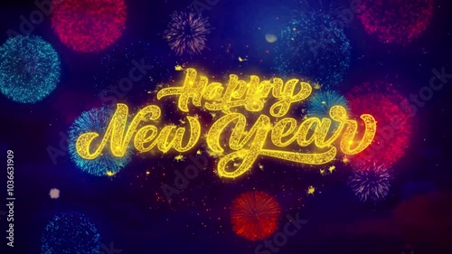 Glowing neon Happy New Year text, colorful bokeh lights background, festive celebration, sparkles, 3D lettering, vibrant colors, blurred circles, night sky effect, holiday greeting, digital art